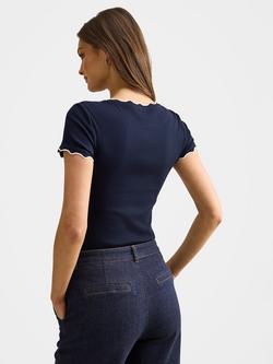 Forever New Rebecca Scallop Trim T-Shirt, Navy/Porcelain - view 2, Navy/Porcelain