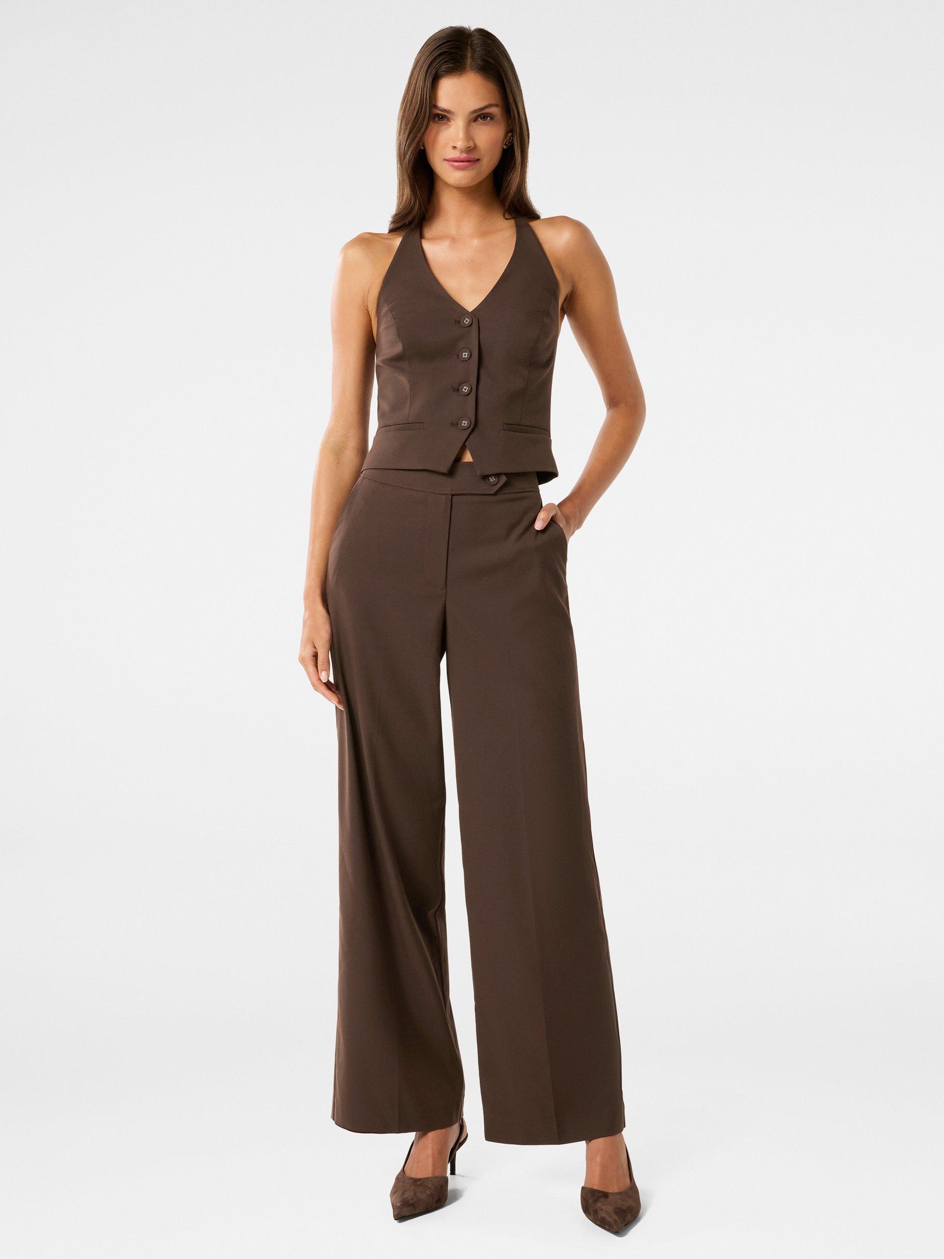 Product image 5 of 5, which shows Forever New Tyla Button Tab Wide Leg Trousers, Chocolate, 4