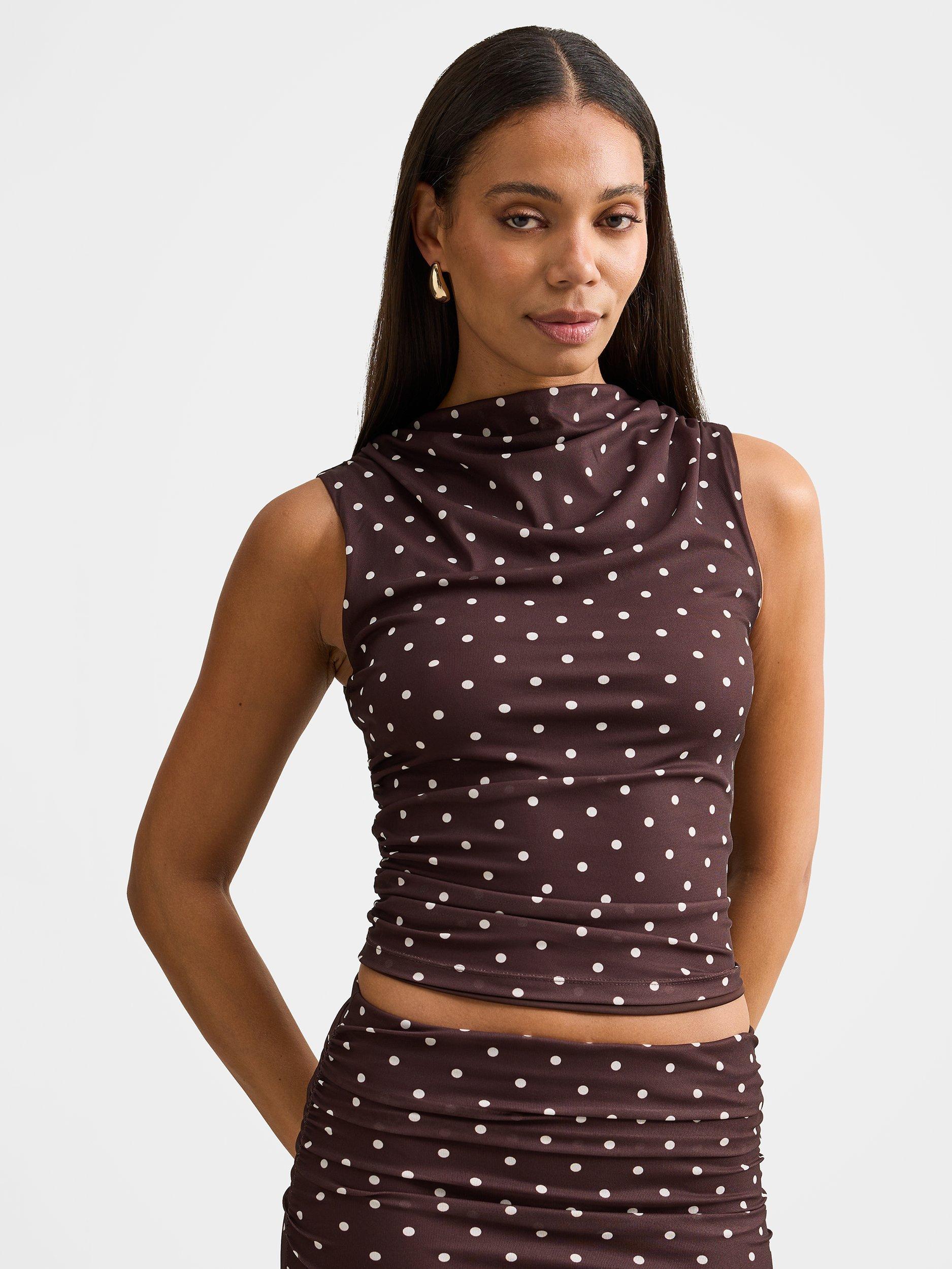 Product image 1 of 5, which shows Forever New Danni Polka Dot Draped Sleeveless Top, Chocolate, 4