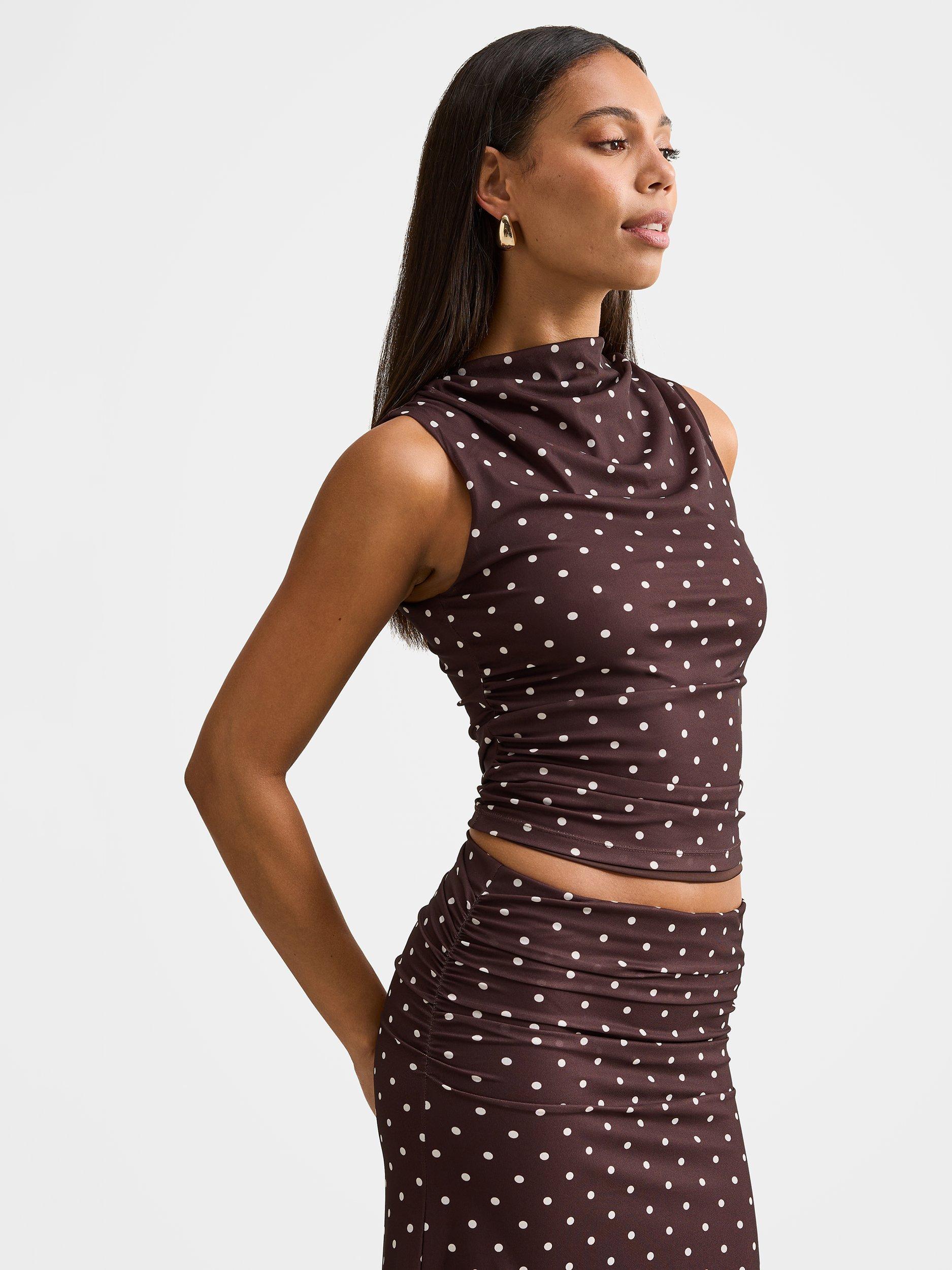 Product image 3 of 5, which shows Forever New Danni Polka Dot Draped Sleeveless Top, Chocolate, 4
