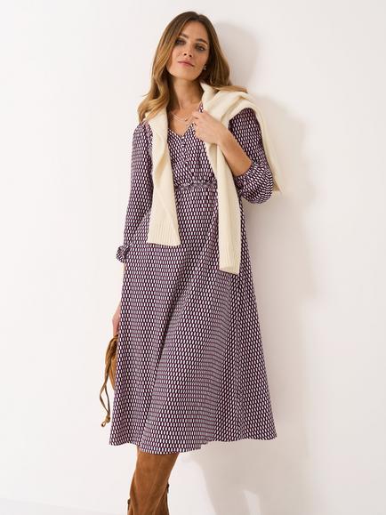 Crew Clothing Ava Geometric Midi Dress, Wine/White - view 2, Wine/White