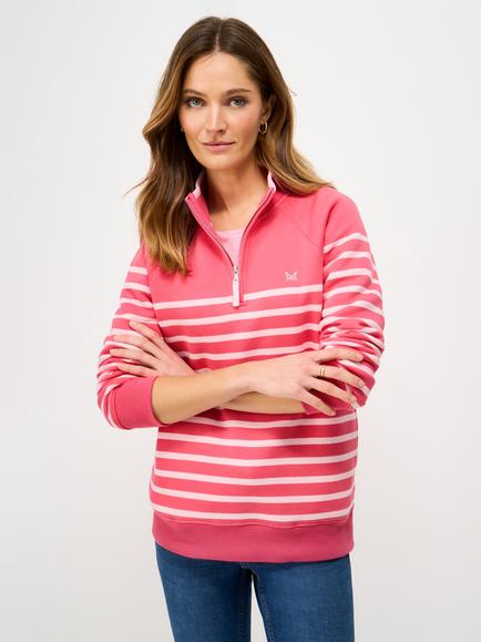 Crew Clothing Stripe Half Zip Sweatshirt, White/Multi, Pink/White