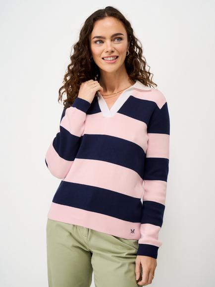 Crew Clothing Stripe Rugby Jumper, Pastel Pink, Pastel Pink
