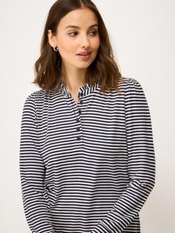 Crew Clothing Stripe Frill Neck Top, Dark Blue/White, Dark Blue/White
