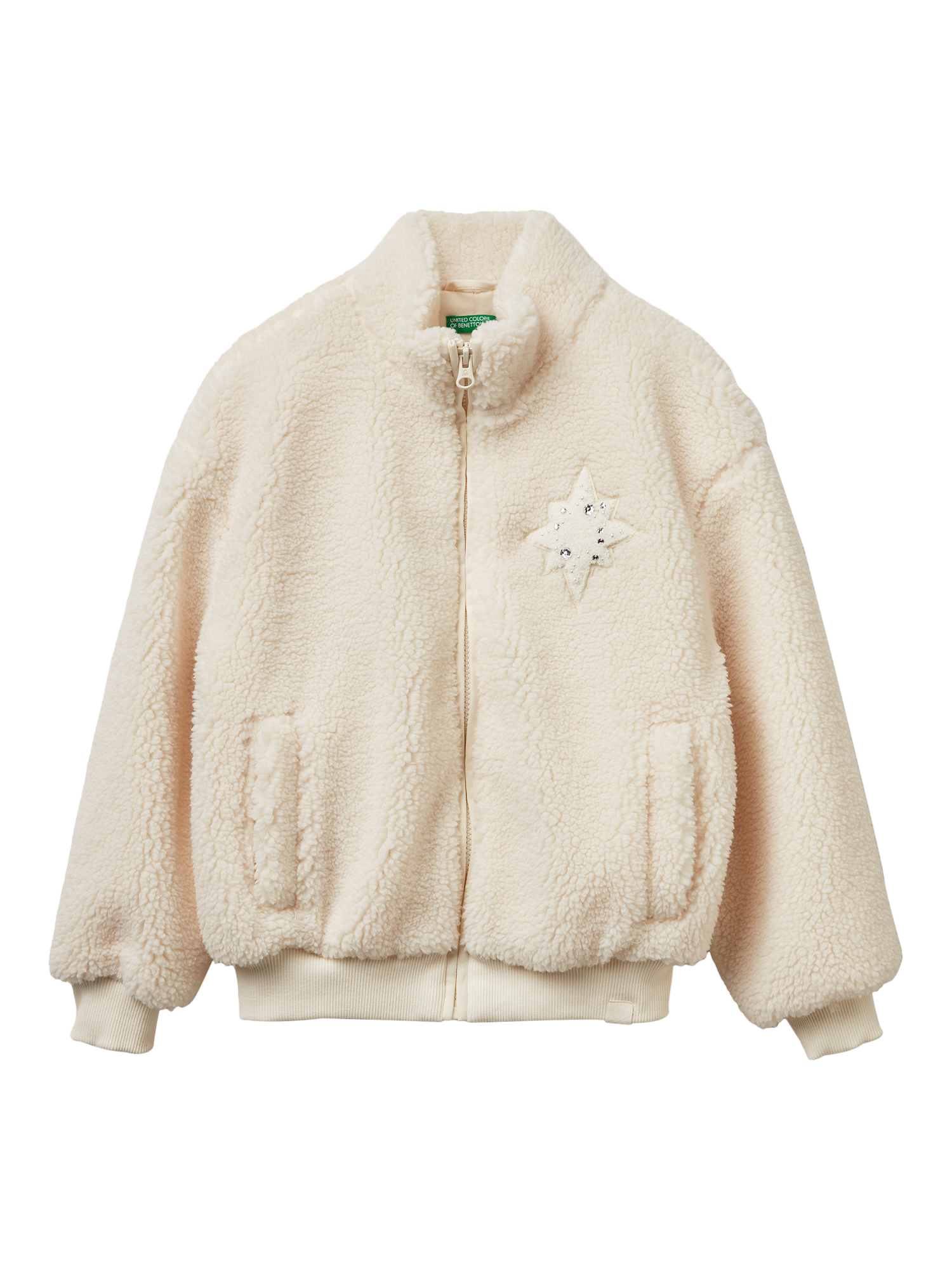 Product image 1 of 3, which shows Benetton Kids' Zip-Through Teddy Fleece Top, White, 7-8 years