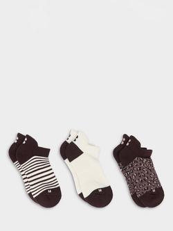 Sweaty Betty Stripe/Plain/Animal Print Trainer Socks, Pack of 3, Brown, Brown