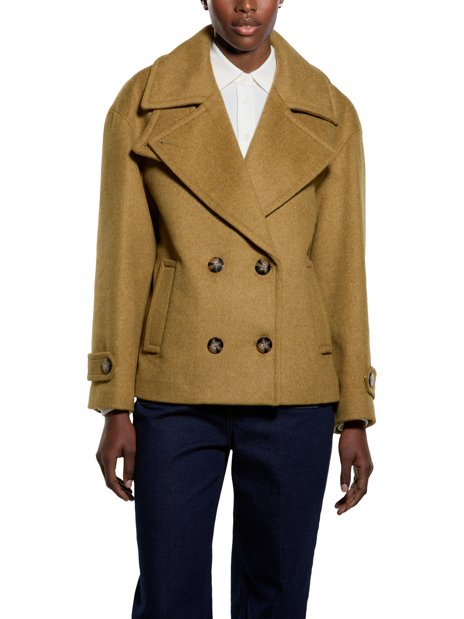 Product image 1 of 4, which shows SISLEY Oversized Double Breasted Peacoat, Mustard, 8