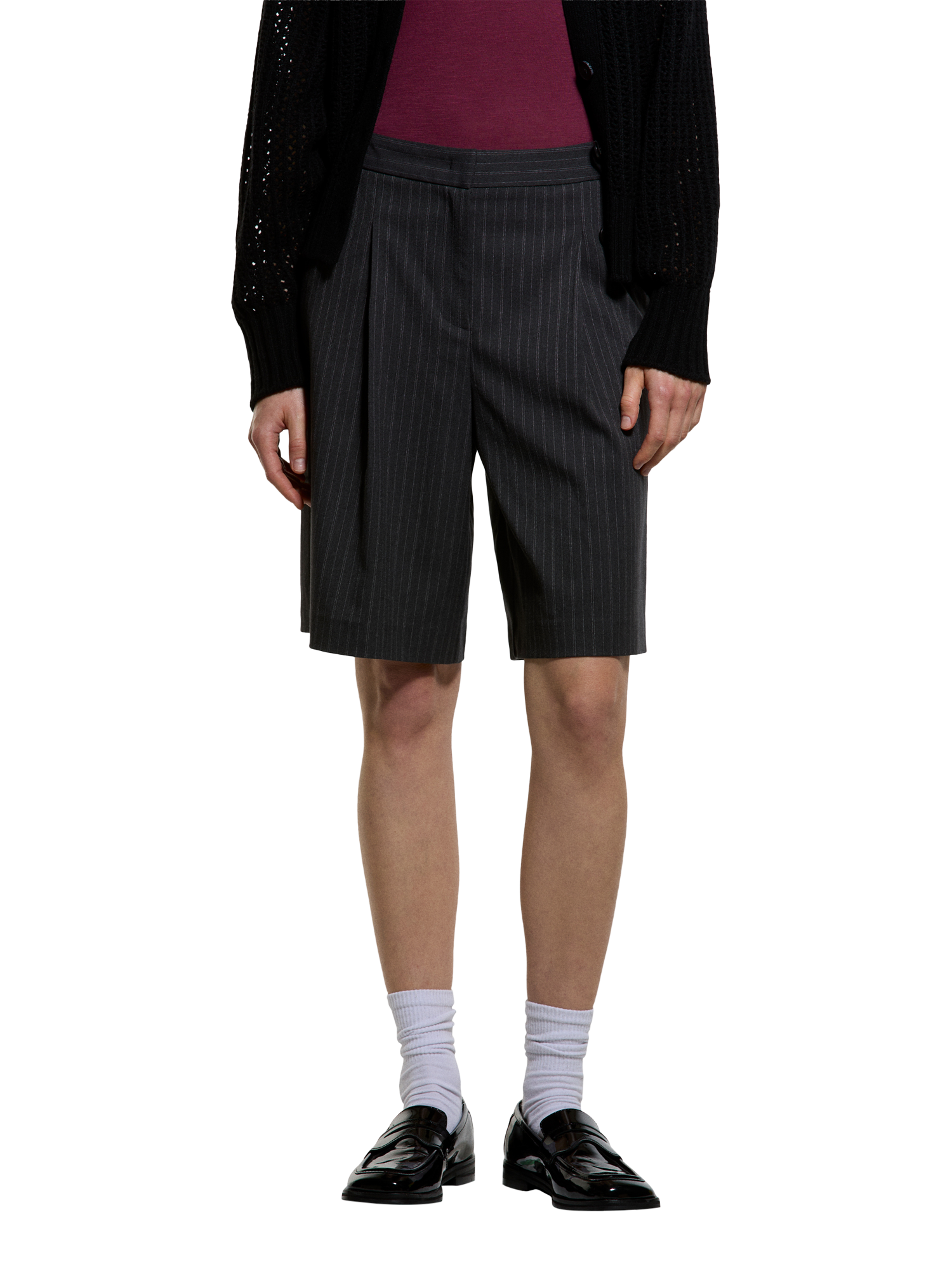 Product image 1 of 5, which shows SISLEY Pinstripe Tailored Bermuda Shorts, Black, 8