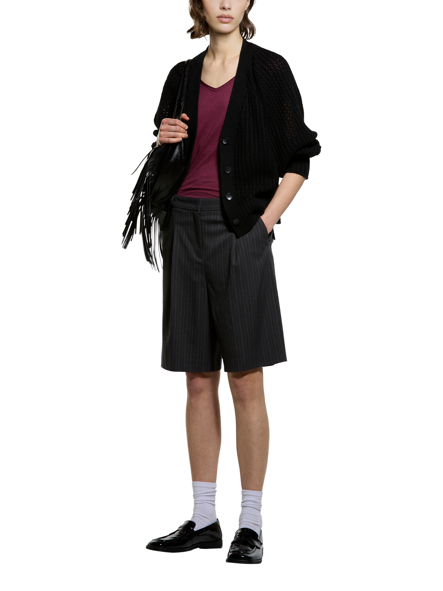 Product image 3 of 5, which shows SISLEY Pinstripe Tailored Bermuda Shorts, Black, 8