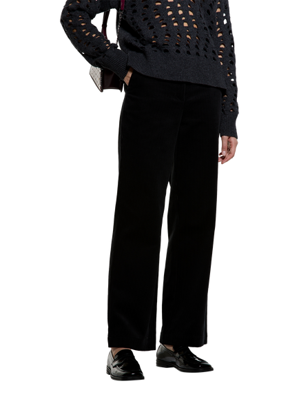 SISLEY Cotton Modal Blend Cropped Velvet Trousers, Black, Black