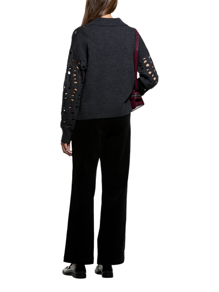 SISLEY Cotton Modal Blend Cropped Velvet Trousers, Black - view 2, Black