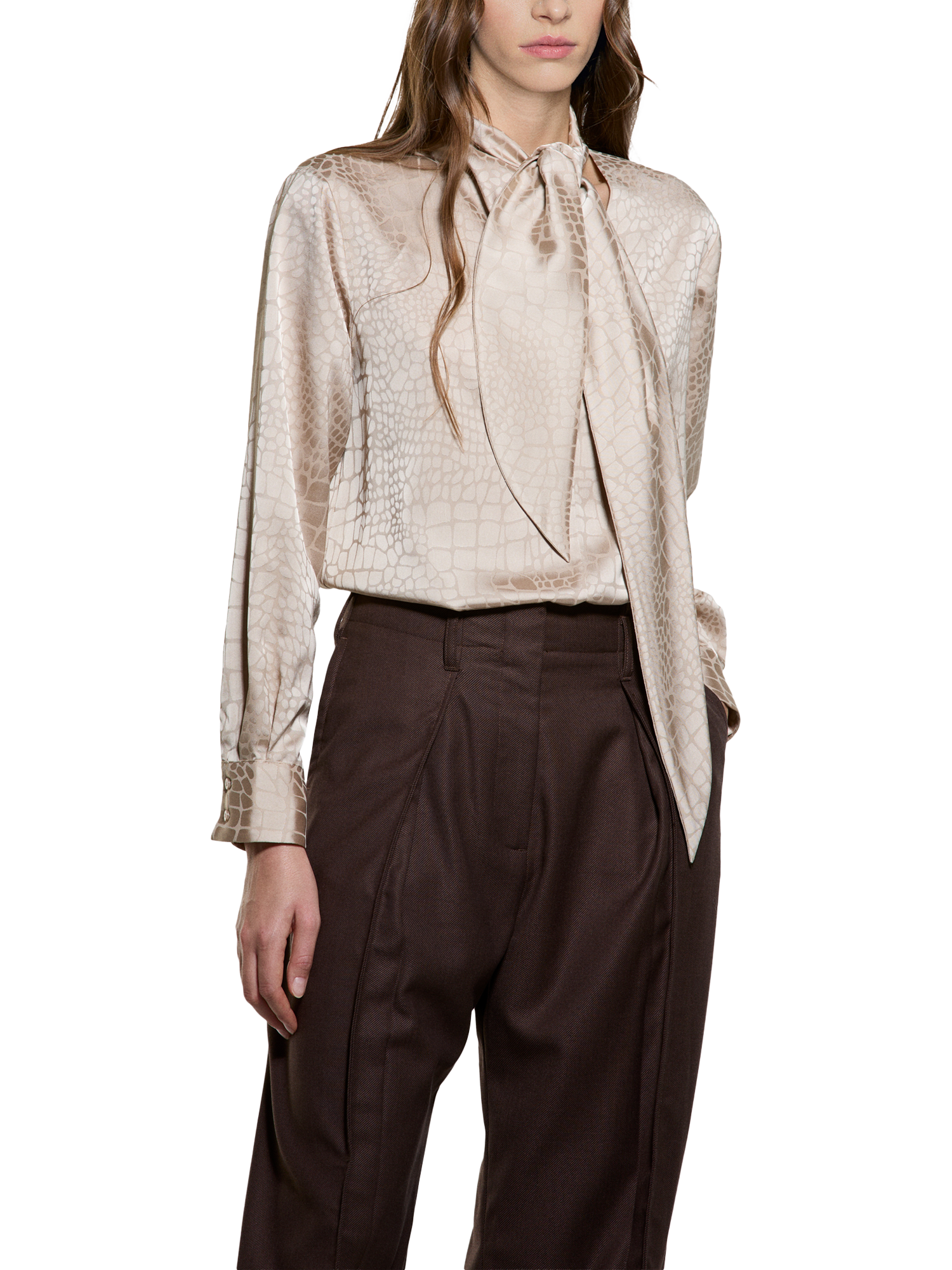 Product image 1 of 5, which shows SISLEY Snake Print Tie Neck Top, Sand, L
