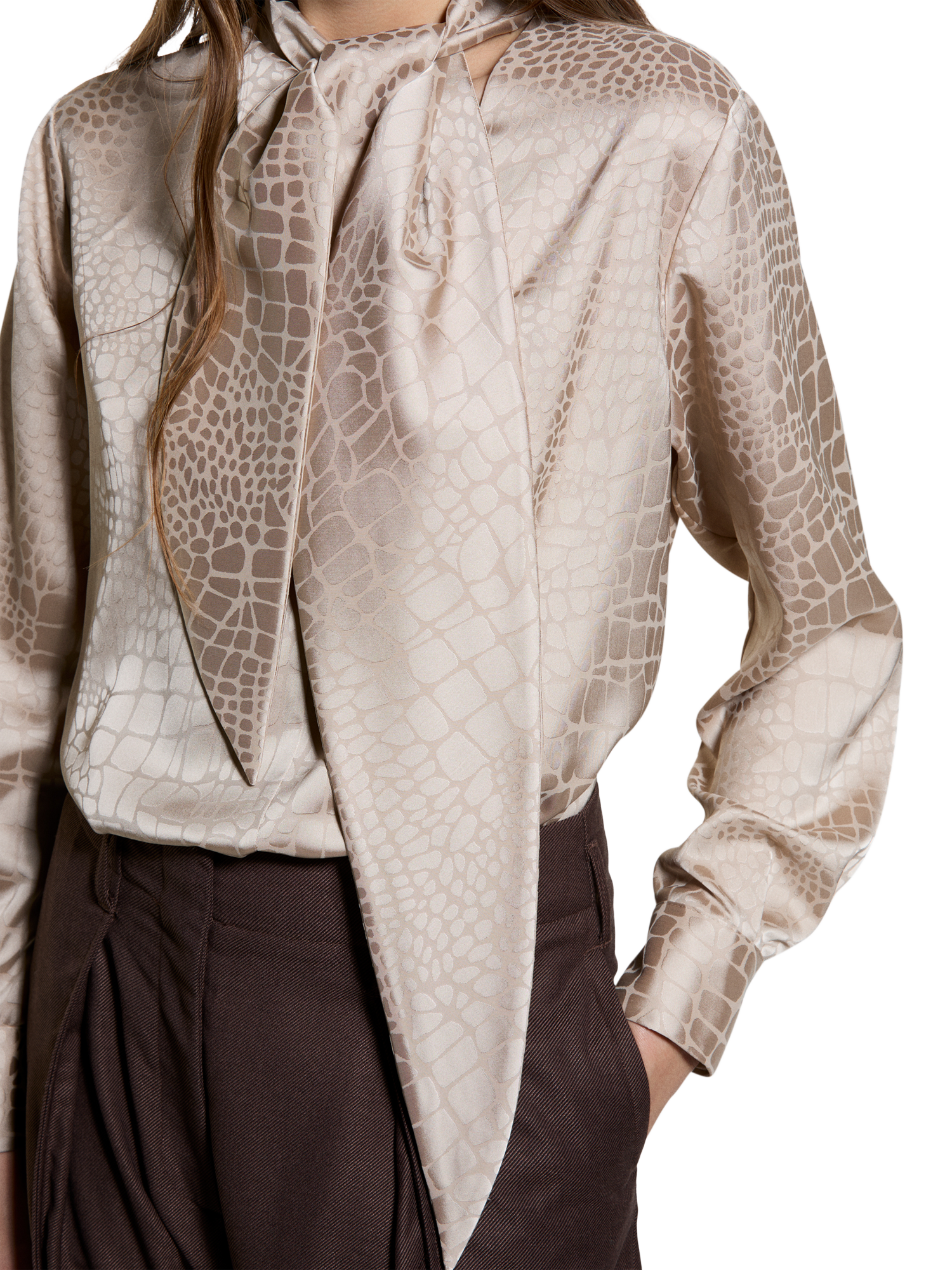 Product image 4 of 5, which shows SISLEY Snake Print Tie Neck Top, Sand, L