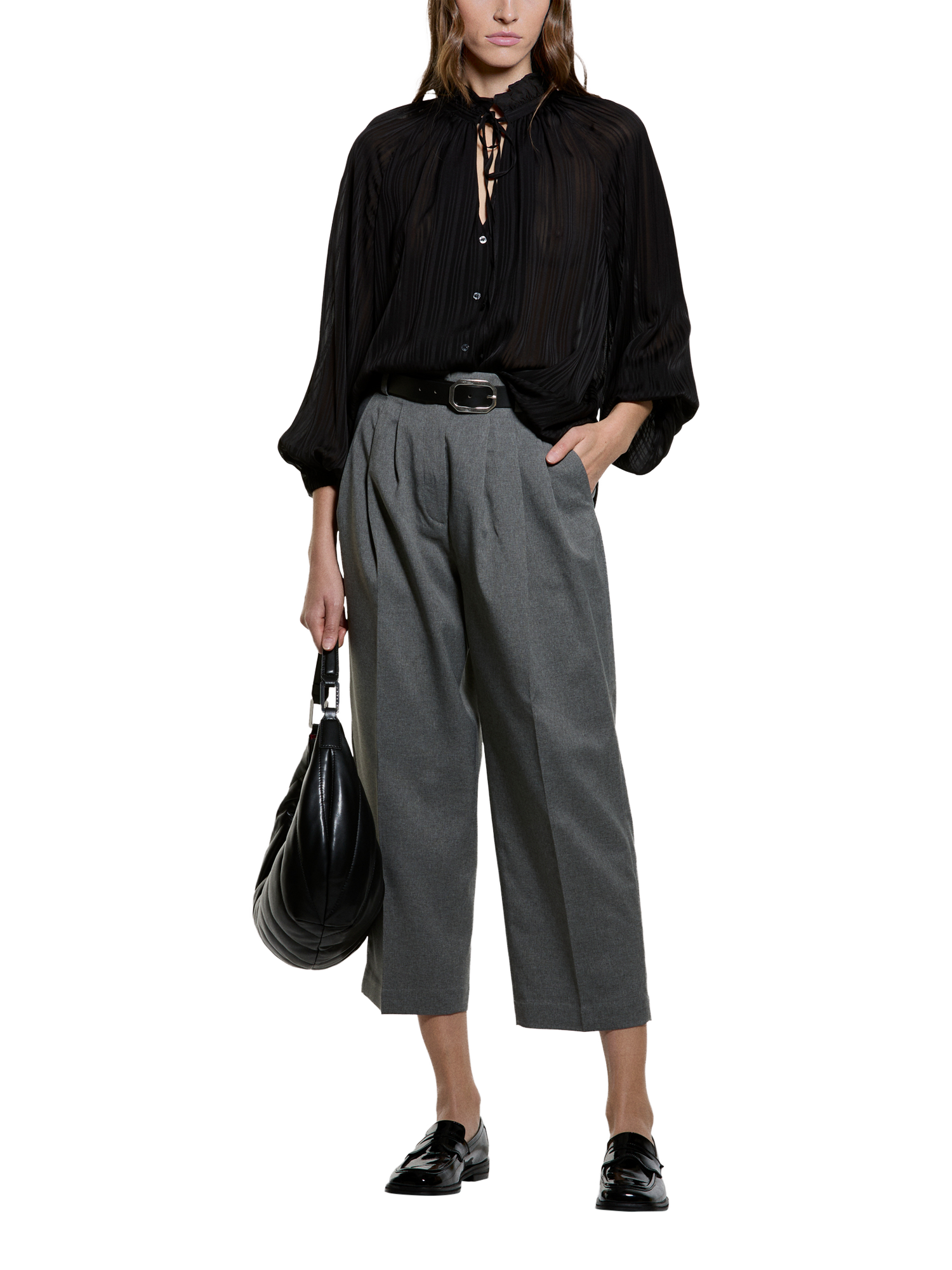 Product image 3 of 5, which shows SISLEY Pleated Tie Neck Top, Black, L