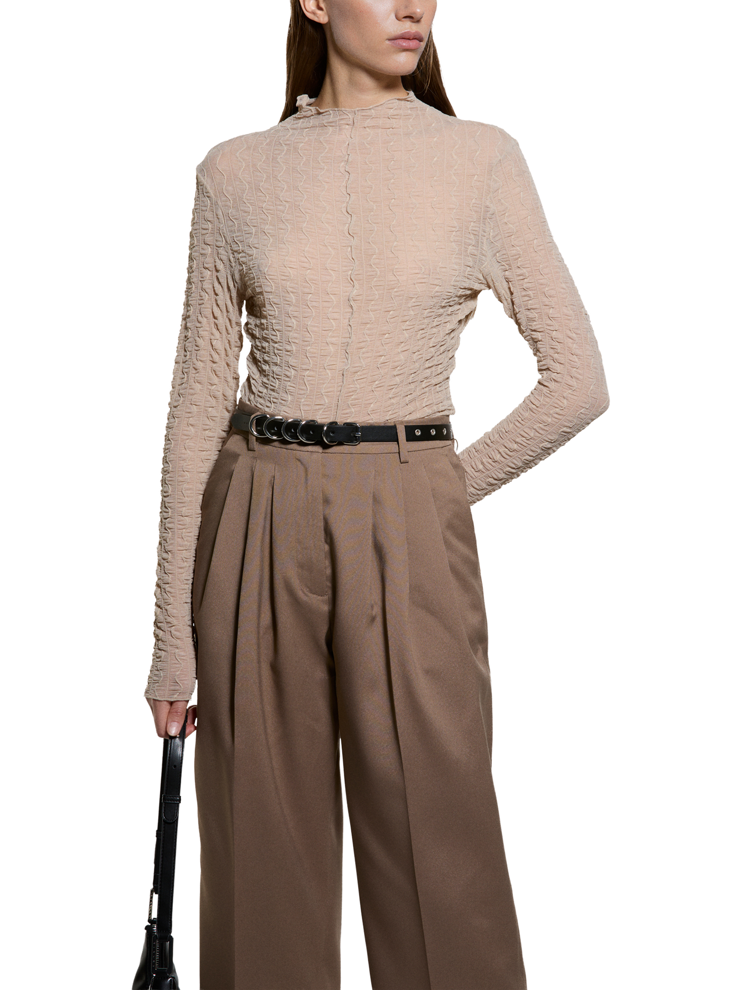 Product image 1 of 4, which shows SISLEY Long Sleeve High Neck Blouse, Sand, L