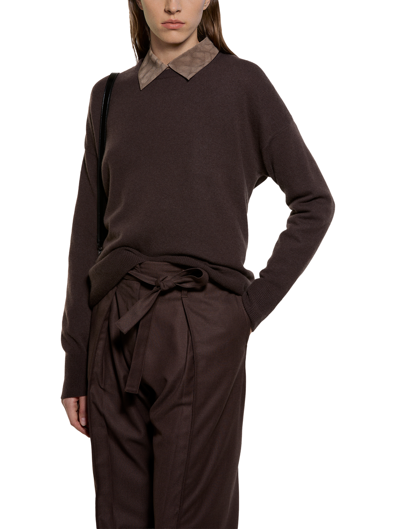 Product image 1 of 4, which shows SISLEY Crew Neck Relaxed Wool Rich Jumper, Dark Brown, L