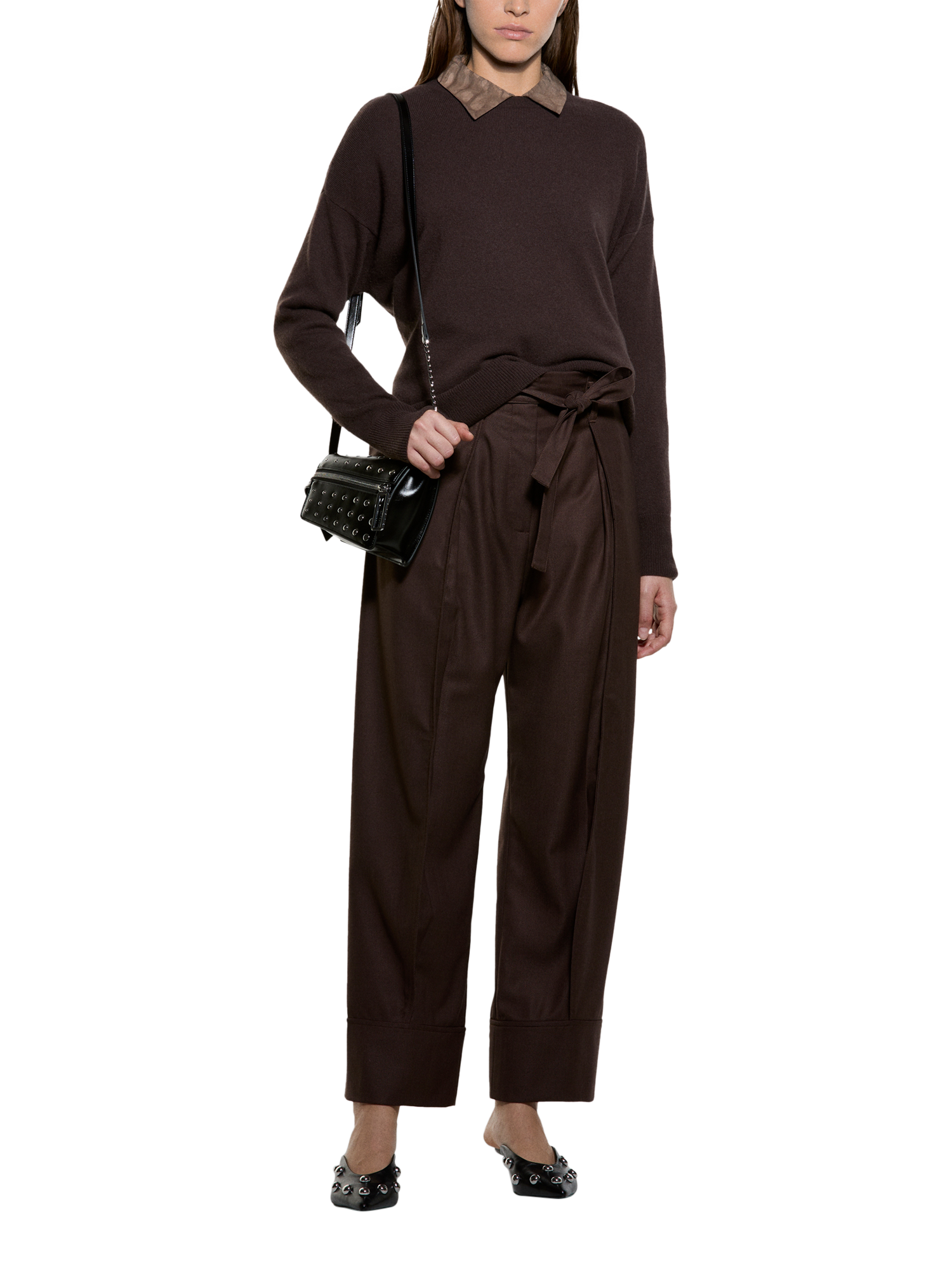 Product image 3 of 4, which shows SISLEY Crew Neck Relaxed Wool Rich Jumper, Dark Brown, L