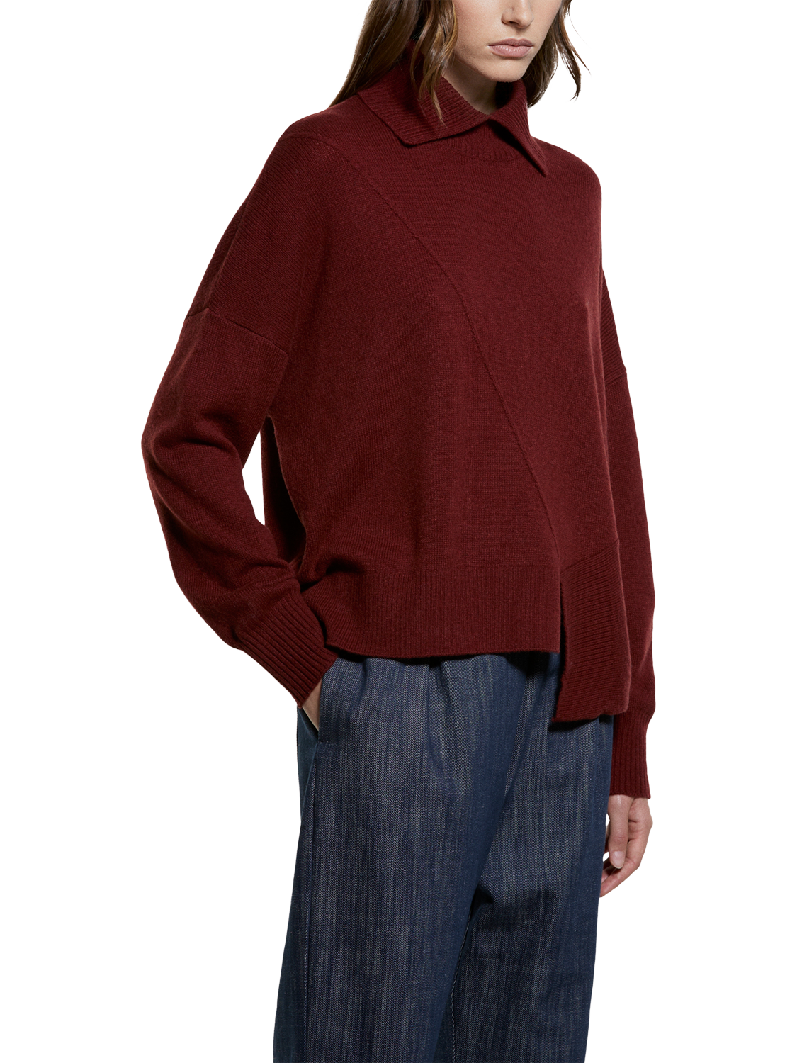 Product image 1 of 4, which shows SISLEY Wool Blend Long Sleeve Collared Knit Jumper, Bordeaux, L