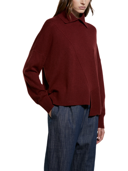 SISLEY Wool Blend Long Sleeve Collared Knit Jumper, Bordeaux, Bordeaux