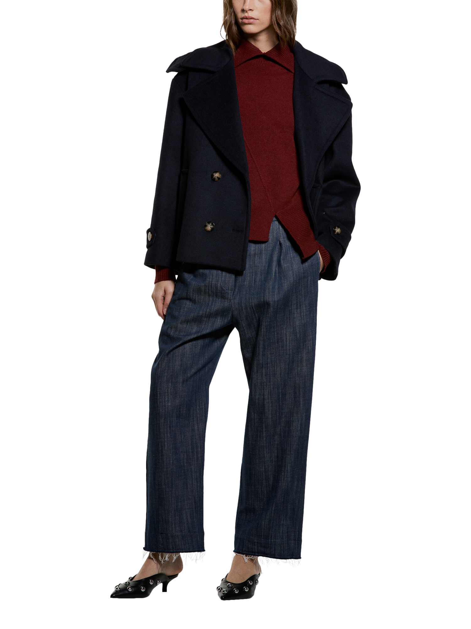 Product image 3 of 4, which shows SISLEY Wool Blend Long Sleeve Collared Knit Jumper, Bordeaux, L