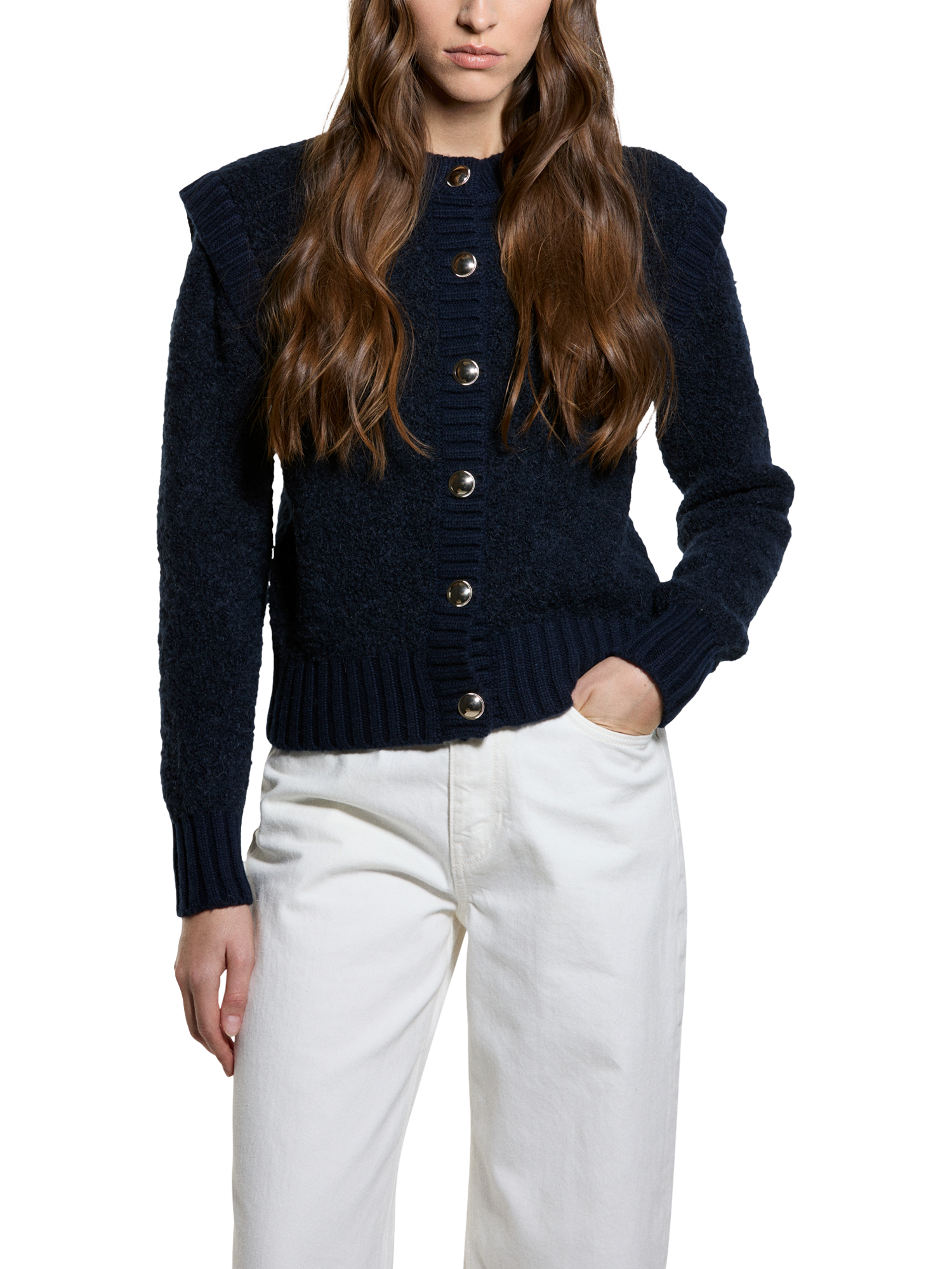Product image 1 of 4, which shows SISLEY Sculpted Shoulder Wool Rich Cardigan, Night Blue, L