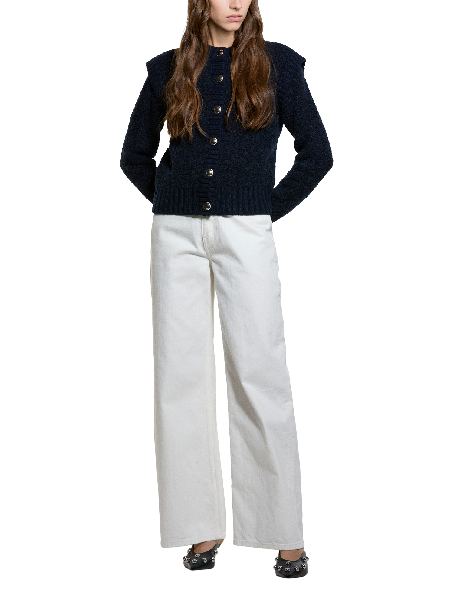 Product image 3 of 4, which shows SISLEY Sculpted Shoulder Wool Rich Cardigan, Night Blue, L