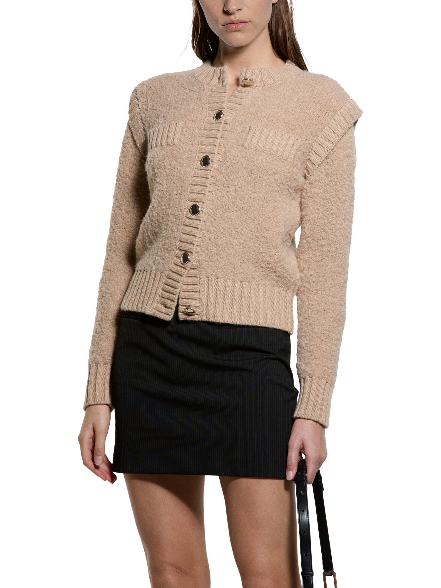 Product image 1 of 4, which shows SISLEY Sculpted Shoulder Wool Rich Cardigan, Sand, XS