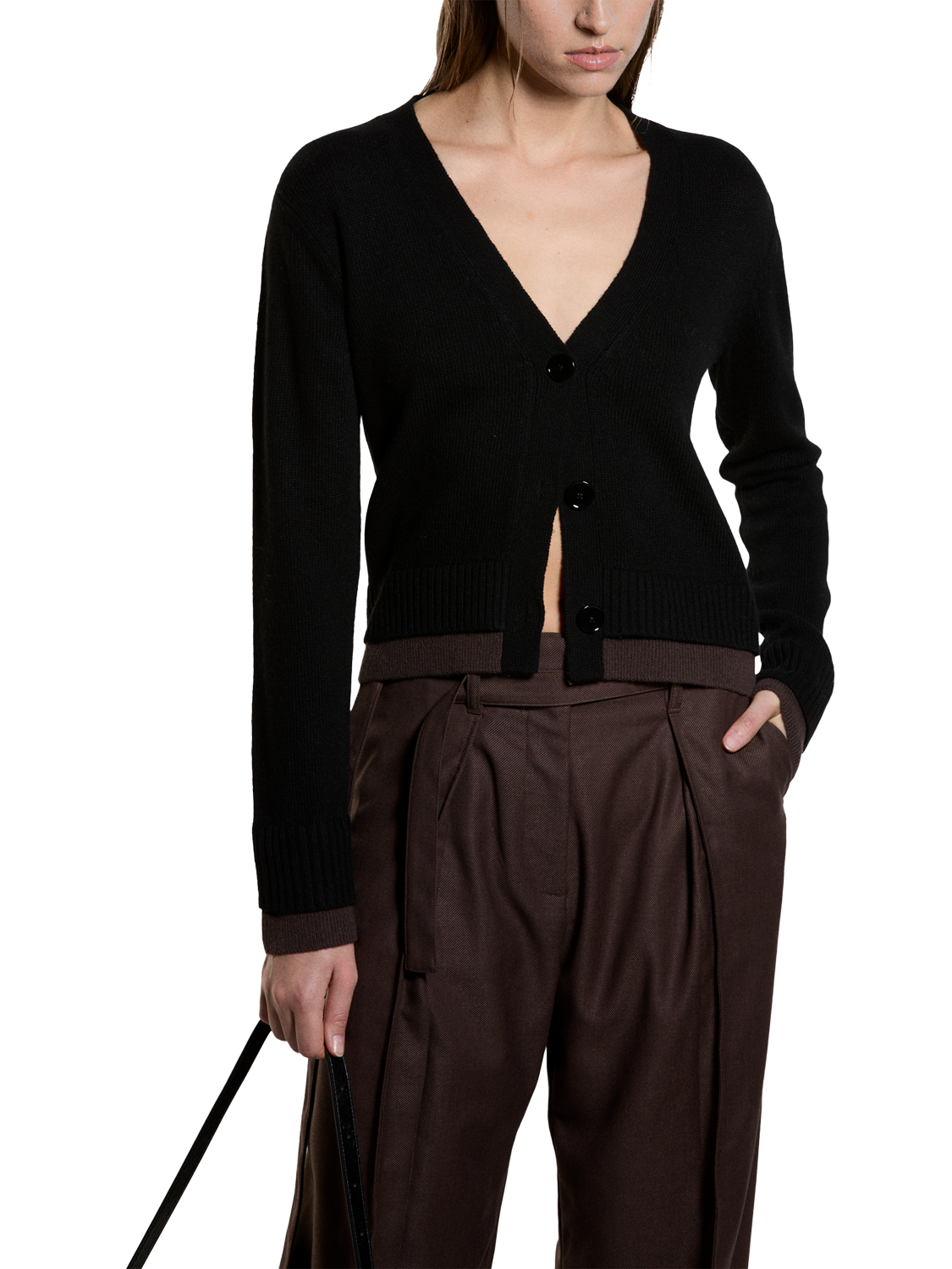 Product image 1 of 4, which shows SISLEY Wool Blend V-Neck Button Cardigan, Black, L