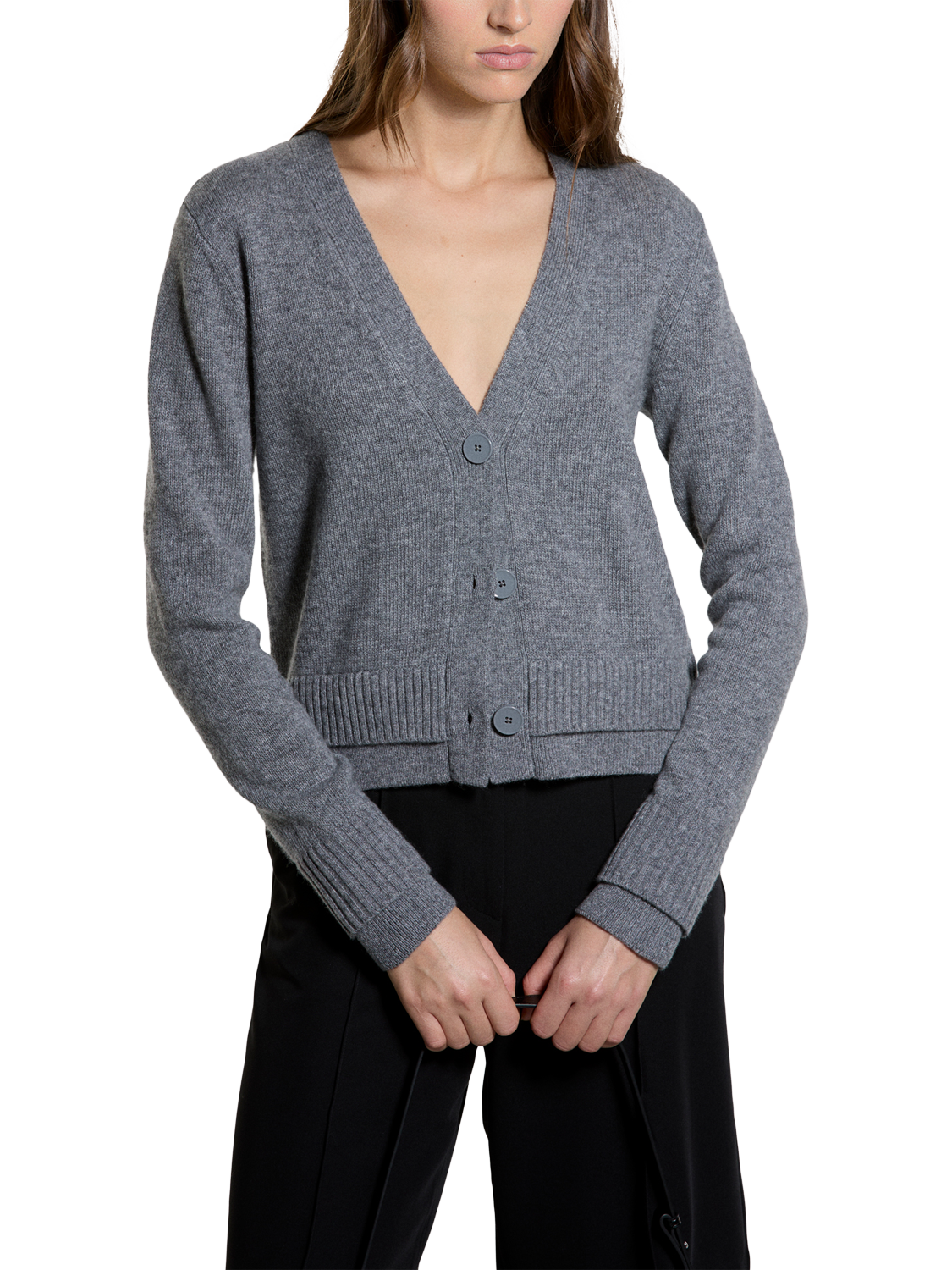 Product image 1 of 4, which shows SISLEY Wool Blend V-Neck Button Cardigan, Dark Grey Melange, L