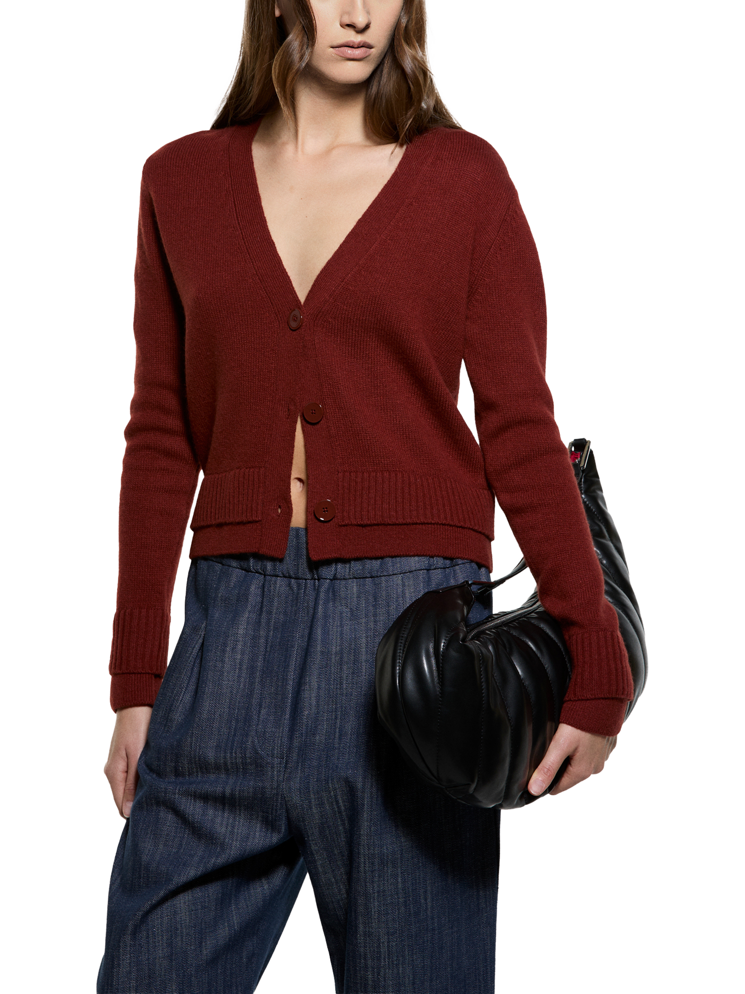 Product image 1 of 4, which shows SISLEY Wool Blend V-Neck Button Cardigan, Bordeaux, L