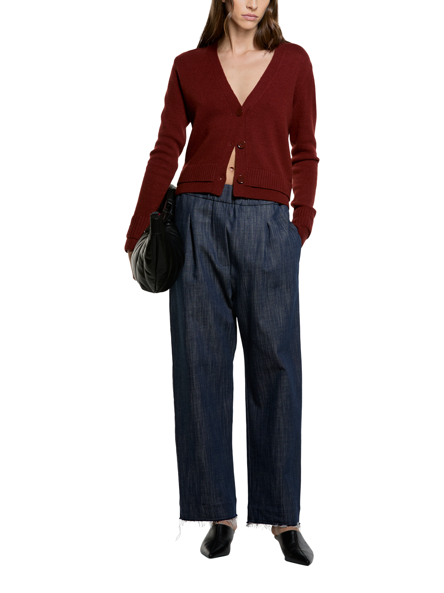 Product image 3 of 4, which shows SISLEY Wool Blend V-Neck Button Cardigan, Bordeaux, L