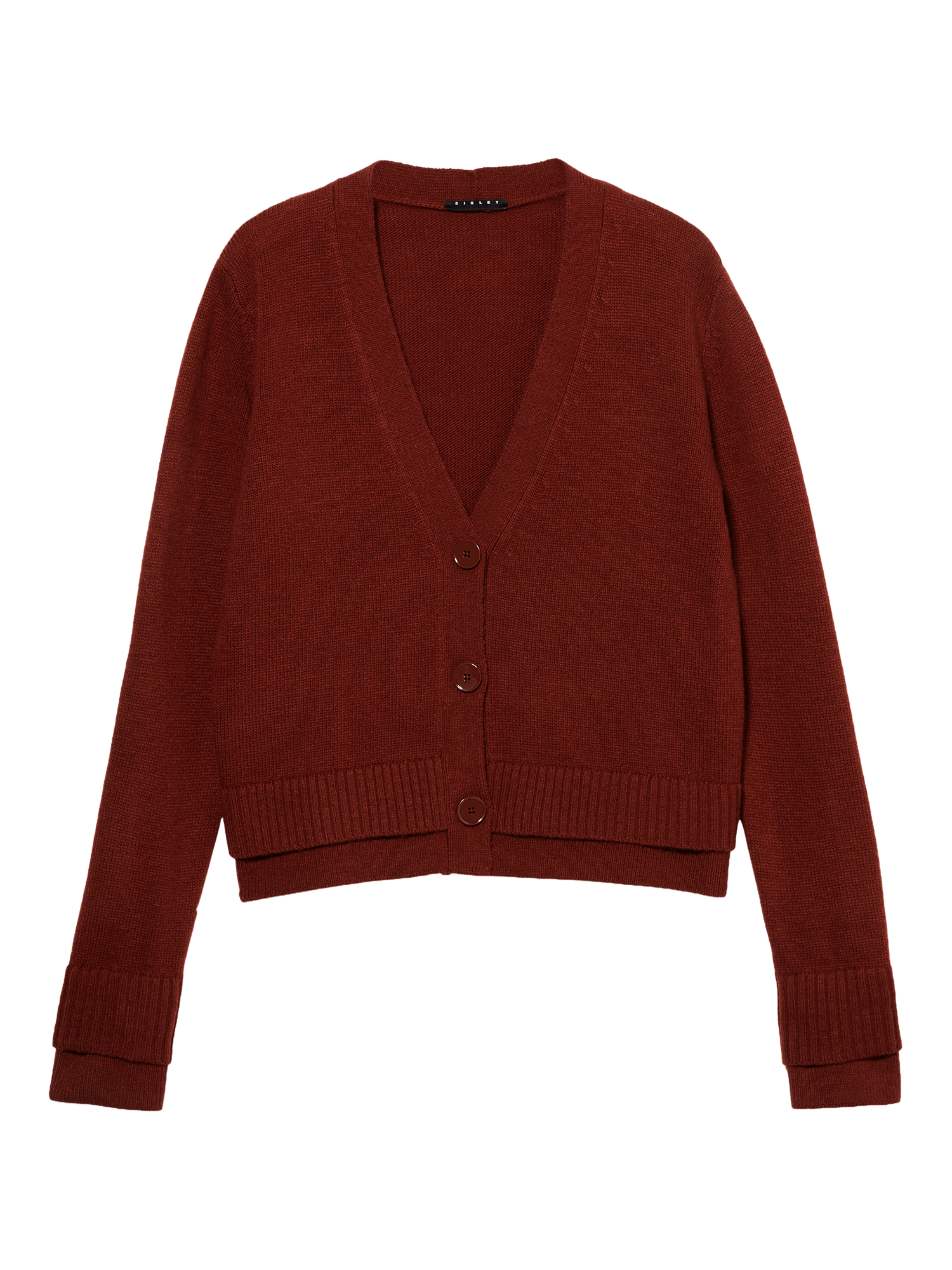 Product image 4 of 4, which shows SISLEY Wool Blend V-Neck Button Cardigan, Bordeaux, L