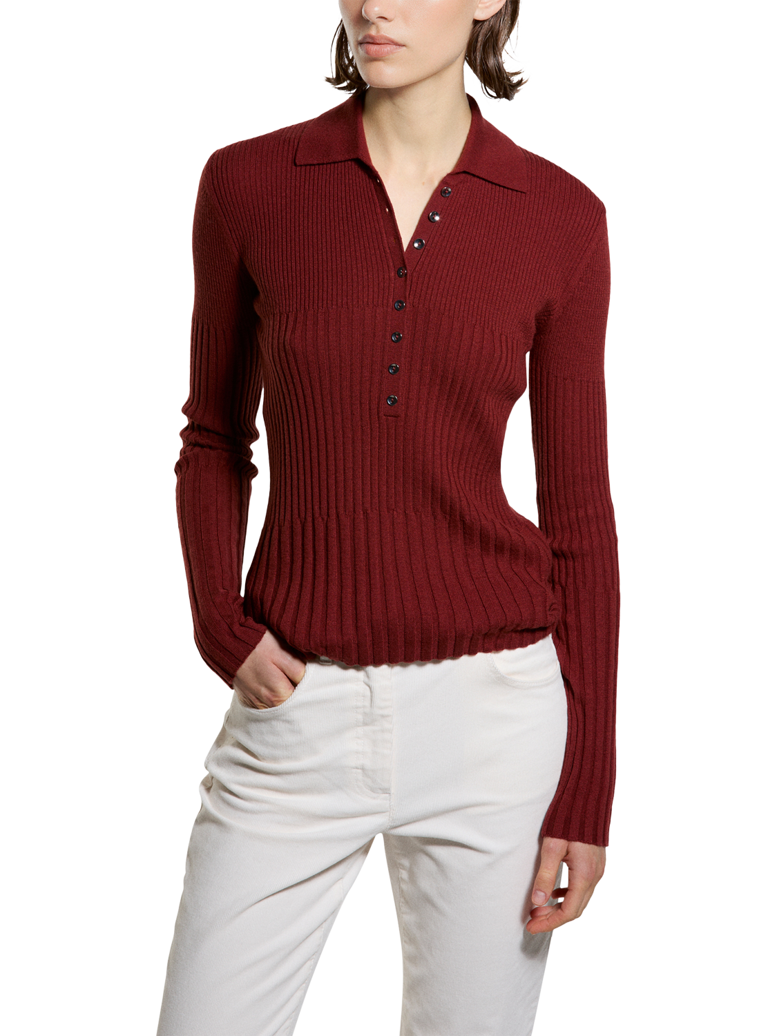 Product image 1 of 4, which shows SISLEY Long Sleeve Polo Shirt, Bordeaux, L