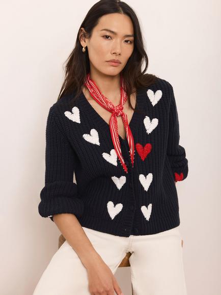 Mint Velvet Embroidered Hearts Cardigan, Navy/Multi, Navy/Multi