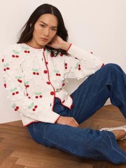 Mint Velvet Cherry Applique Knit Cardigan, White Ivory, White Ivory