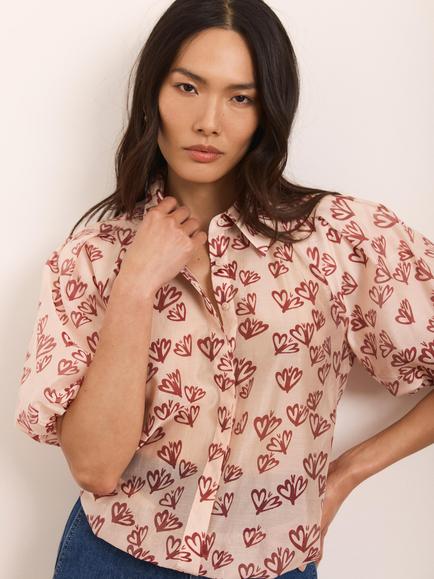 Mint Velvet Heart Print Puff Sleeve Shirt, Light Pink - view 2, Light Pink
