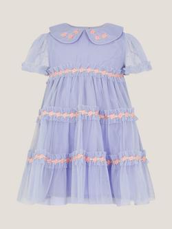 Monsoon Baby Embroidered Tulle Dress, Blue, Blue