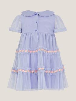 Monsoon Baby Embroidered Tulle Dress, Blue - view 2, Blue