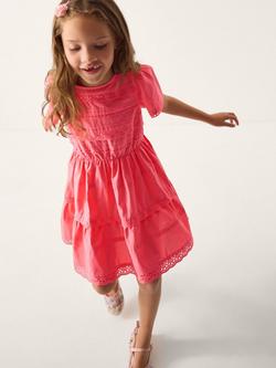 Monsoon Kids' Cotton Broderie Tiered Dress, Pink, Pink