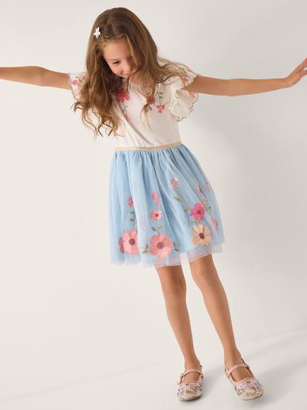 Monsoon Kids' Floral Embroidered Disco Dress, Blue, Blue
