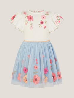 Monsoon Kids' Floral Embroidered Disco Dress, Blue - view 2, Blue