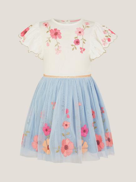 Monsoon Kids' Floral Embroidered Disco Dress, Blue - view 2, Blue