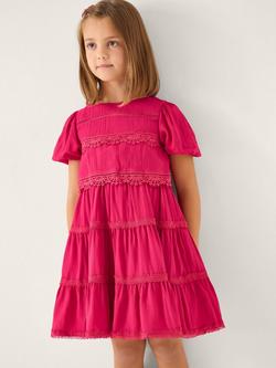 Monsoon Kids' Puff Lace Tiered Dress, Pink, Pink