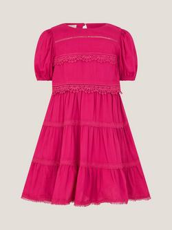 Monsoon Kids' Puff Lace Tiered Dress, Pink - view 2, Pink
