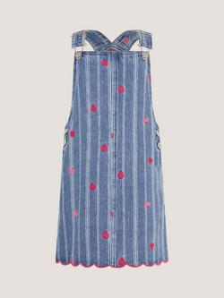 Monsoon Kids' Embroidered Heart Pinafore Denim Dress, Blue, Blue