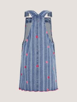 Monsoon Kids' Embroidered Heart Pinafore Denim Dress, Blue - view 2, Blue