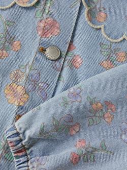 Monsoon Kids' Floral Scallop Denim Jacket, Blue - view 2, Blue
