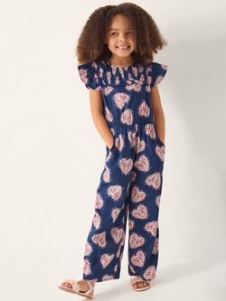 Monsoon, Kids' Heart Smocked Jumpsuit, Navy, Navy