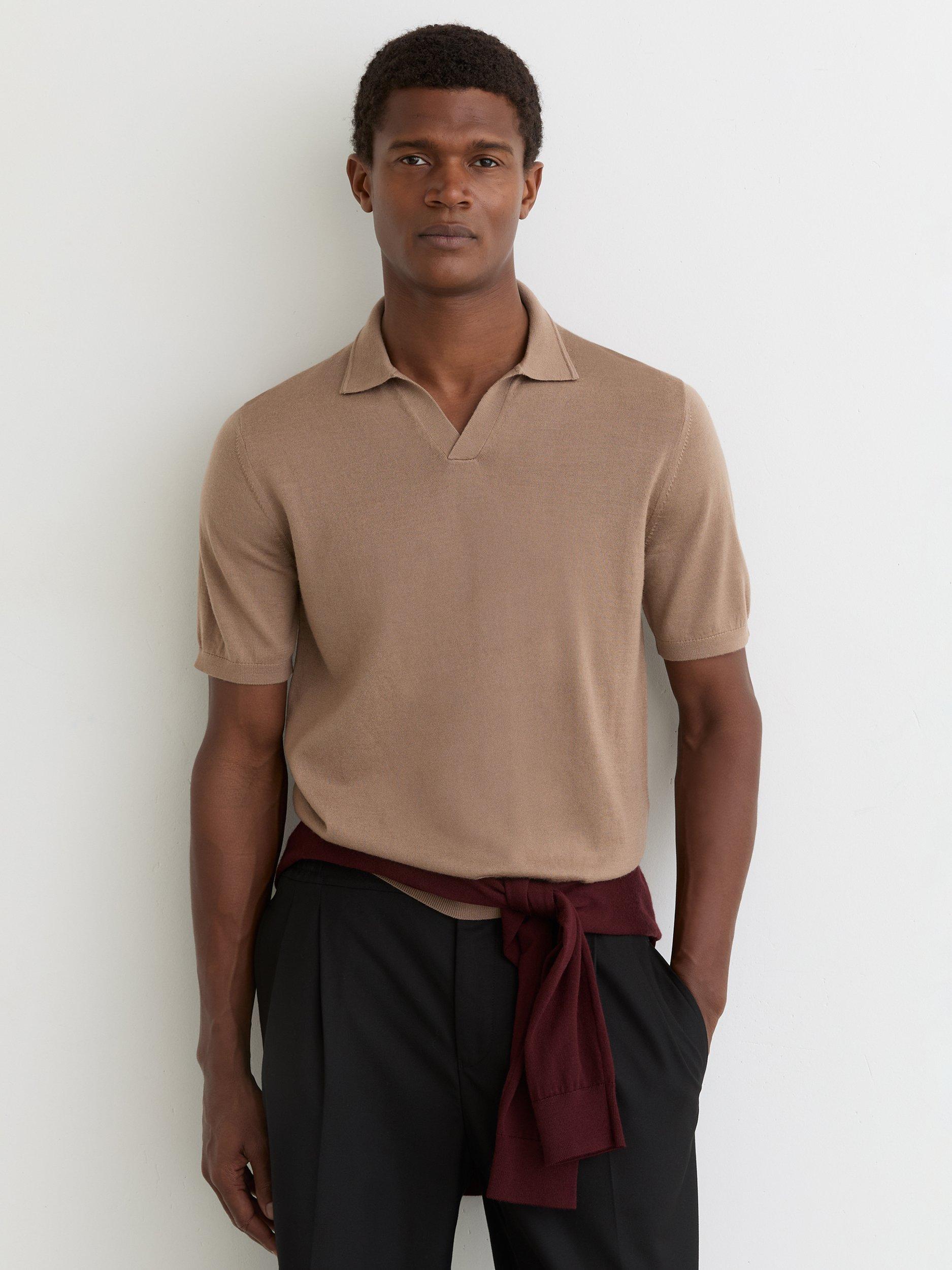 Product image 1 of 5, which shows Reiss Duchie Wool Polo Shirt, Camel Brown, XS