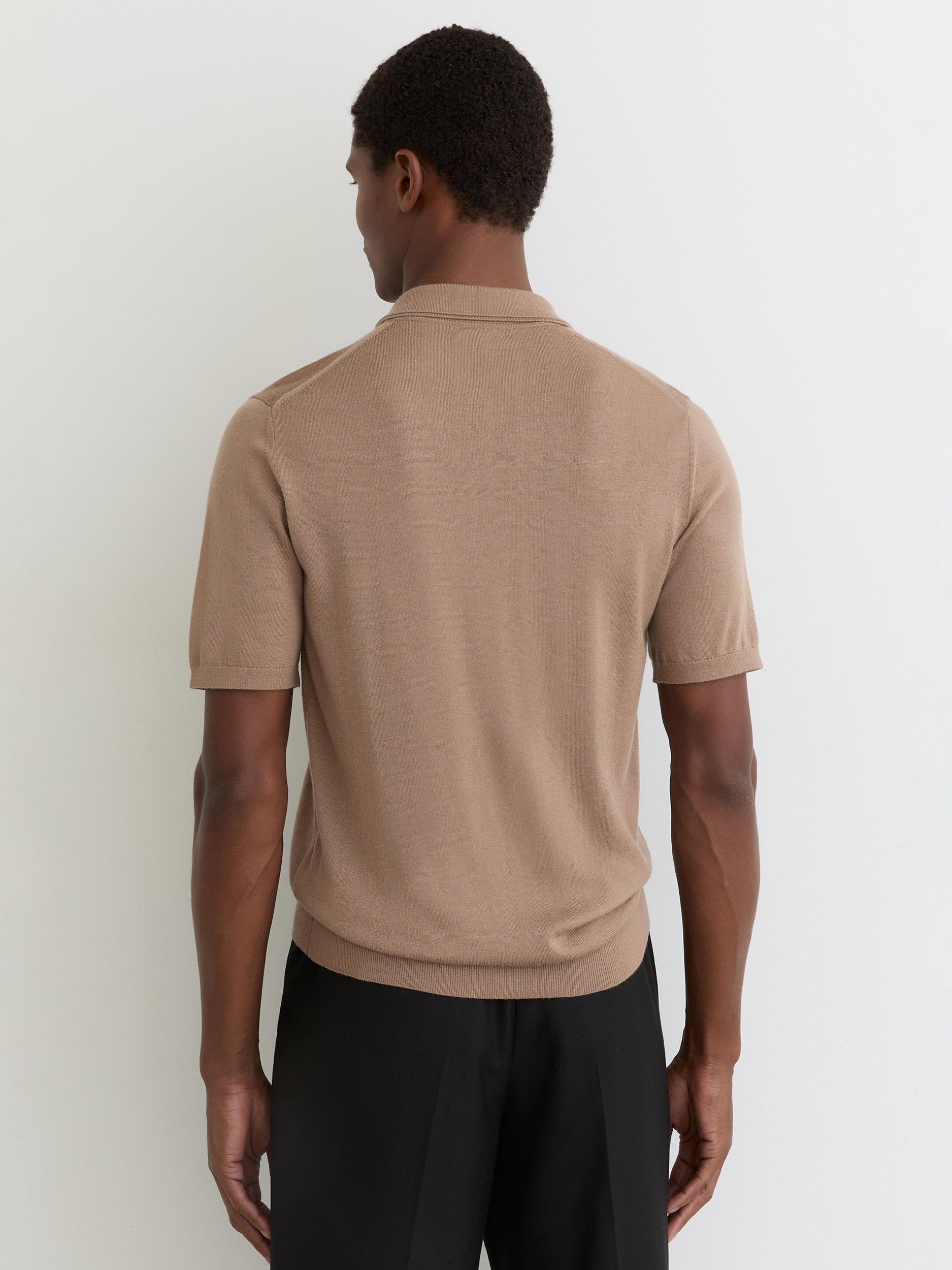 Product image 2 of 5, which shows Reiss Duchie Wool Polo Shirt, Camel Brown, XS